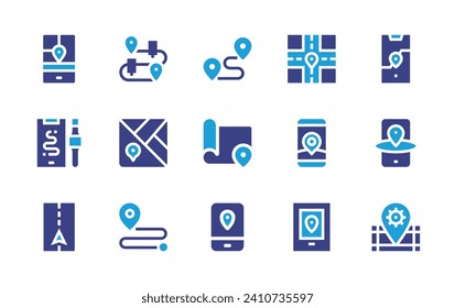 GPS icon set. Duotone color. Vector illustration. Containing distance, map, gps phone, gps, road, location, route, destination.