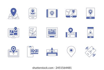Conjunto de iconos GPS. Trazo de línea de estilo duotono y negrita. Ilustración vectorial. Conteniendo mapa, marcador de posición, gps.