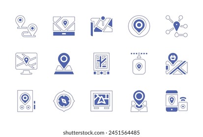 GPS icon set. Duotone style line stroke and bold. Vector illustration. Containing smartphone, map pointer, location, track, compass, route, gps.