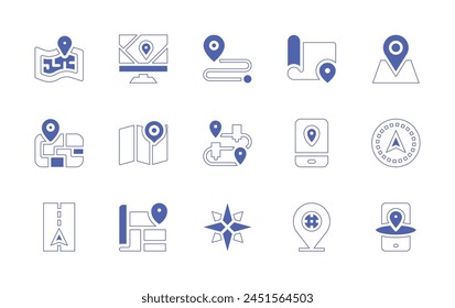 GPS icon set. Duotone style line stroke and bold. Vector illustration. Containing gps, map, gps phone, road, placeholder, pointer, route, destination, wind rose, navigation.