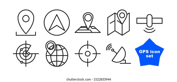 GPS icon set. Outline thin line icons isolated on white background. Flat style. 
