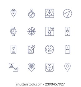 GPS icon set. Thin line icon. Editable stroke. Containing target, navigation, smartwatch, global, compass, radar, gps, location.