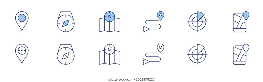 GPS icon set in two styles, Duotone and Thin Line style. Editable stroke. target, compass, route, radar, gps.
