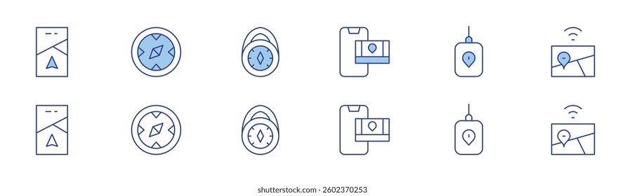 GPS icon set in two styles, Duotone and Thin Line style. Editable stroke. navigation, compass, gps, gps navigation.