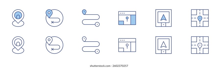 GPS icon set in two styles, Duotone and Thin Line style. Editable stroke. home, route