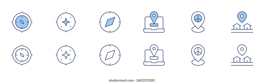 GPS icon set in two styles, Duotone and Thin Line style. Editable stroke. compass, location, pin, placeholder.