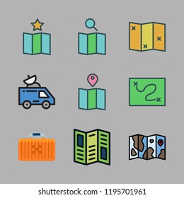 gps icon set. vector set about map, road map, satellite and drone case icons set.