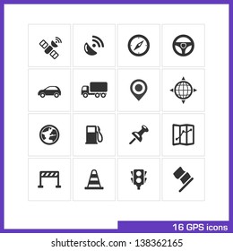 GPS icon set. Vector black pictograms for web and mobile app, interface design: satellite, signal, compass, wheel, car, truck, marker, position, globe, gas station, pin, map, cone, lights, flag symbol