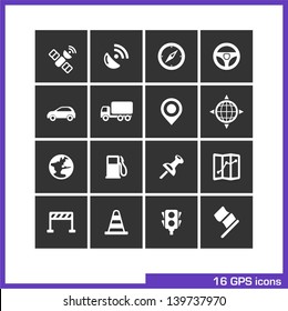 GPS icon set. Vector white pictograms for web and mobile app, interface design: satellite, signal, compass, wheel, car, truck, marker, position, globe, gas station, pin, map, cone, lights, flag symbol