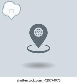 GPS icon with shadow. Cloud of download with arrow.