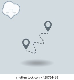 Gps icon with shadow. Cloud of download with arrow.