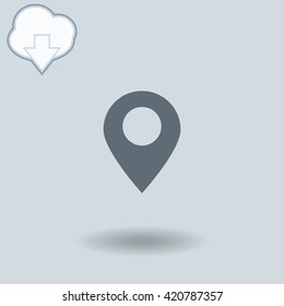 GPS icon with shadow. Cloud of download with arrow.