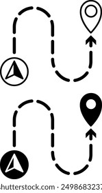 GPS Icons. Black and White Vector Icons. Shows the Start and End of the Road. Location Sign. Navigation System, Distance Measurement. Road Concept