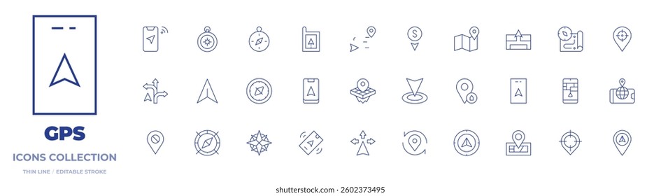 GPS icons collection. Thin Line icons, editable stroke. directions, compass, direction, route, navigator, geolocation, pin, block, way, location, map, south.