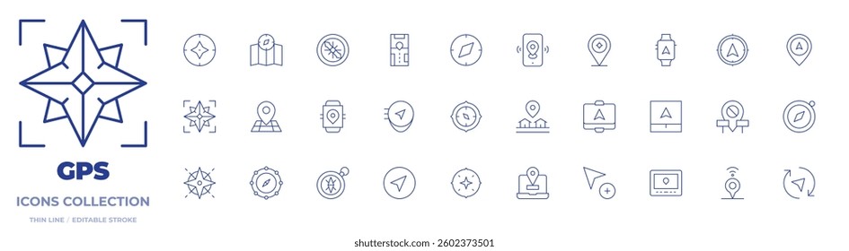 GPS icons collection. Thin Line icons, editable stroke. compass, no racism, cursor, navigation, smartwatch, navigator, location, wind rose, placeholder.