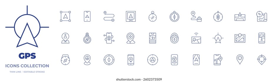 GPS icons collection. Thin Line icons, editable stroke. compass, navigator, pin, gps, target, object, hospital, route, north, phone, gps navigation, location.