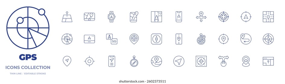 GPS icons collection. Thin Line icons, editable stroke. direction, navigate, smartwatch, compass, radar, navigation, global, home, route, location, target.