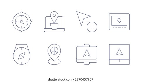 GPS icons. Editable stroke. Containing compass, cursor, navigator, location, pin, gps.