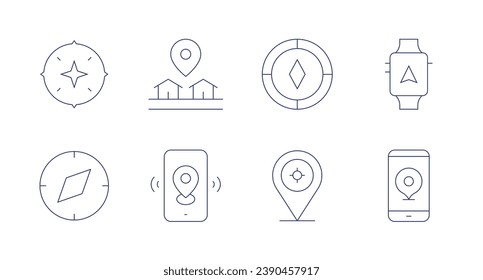 GPS icons. Editable stroke. Containing compass, placeholder, phone, gps.