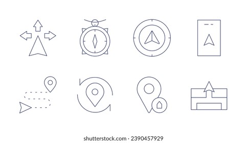 GPS icons. Editable stroke. Containing directions, route, way, compass, pin, placeholder, gps.