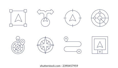 GPS icons. Editable stroke. Containing object, compass, navigation, direction, route, gps, scan.