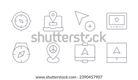GPS icons. Editable stroke. Containing compass, cursor, navigator, location, pin, gps.