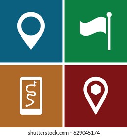 Gps icons set. set of 4 gps filled icons such as location, flag, map location