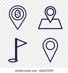 Gps icons set. set of 4 gps outline icons such as location pin, gold flag, dollar location