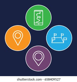 Gps icons set. set of 4 gps outline icons such as map location, location pin, route and phone