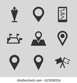 Gps icons set. set of 9 gps filled icons such as flag, location pin, location, map location, locations