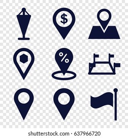 Gps icons set. set of 9 gps filled icons such as flag, location pin, location