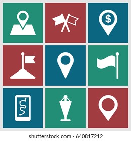 Gps icons set. set of 9 gps filled icons such as flag, location pin, map location
