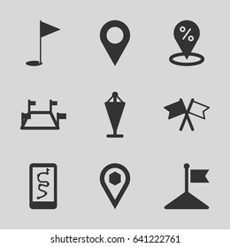 Gps icons set. set of 9 gps filled icons such as flag, location, gold flag, locations, sale location