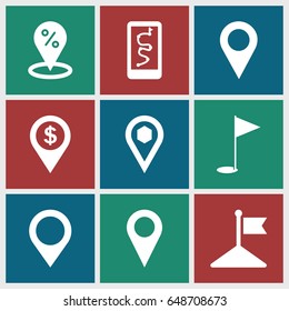 Gps icons set. set of 9 gps filled icons such as flag, location, gold flag, map location