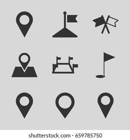 Gps icons set. set of 9 gps filled icons such as flag, location pin, gold flag, map location, locations