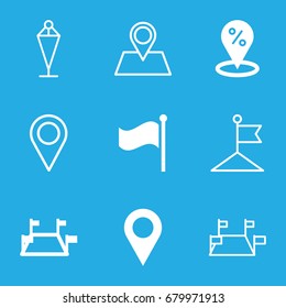 Gps icons set. set of 9 gps filled and outline icons such as flag, locations, location pin, location