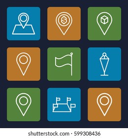gps icons set. Set of 9 gps outline icons such as flag, location pin, location, dollar location