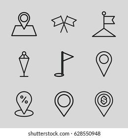 Gps icons set. set of 9 gps outline icons such as flag, location pin, map location