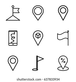 Gps icons set. set of 9 gps outline icons such as flag, location, map location