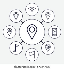 Gps icons set. set of 9 gps outline icons such as location, flag, location pin, gold flag, dollar location