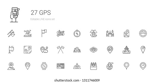 gps icons set. Collection of gps with location, markers, position, street map, compass, placeholder, place, maps, flags, route, pierrade, road. Editable and scalable gps icons.