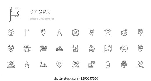 gps icons set. Collection of gps with marker, placeholder, compass, route, mobile map, road, place, flags, navigator, geolocalization, location. Editable and scalable gps icons.