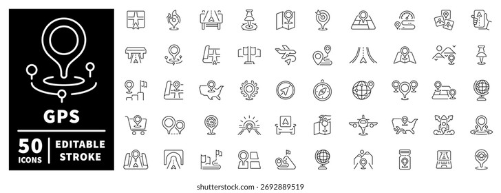 GPS-Symbole eingestellt. editierbare Liniensymbole, Navigations- und Positionssymbole, flacher Stil