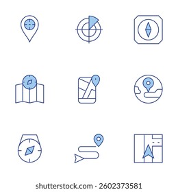 GPS icons set. Line Duotone style, editable stroke. target, compass, route, navigation, global, radar, gps.