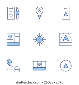 GPS icons set. Line Duotone style, editable stroke. navigation, route, south, crosshair, gps.