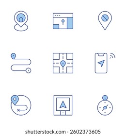 GPS icons set. Line Duotone style, editable stroke. compass, geolocation, block, home, route, gps.