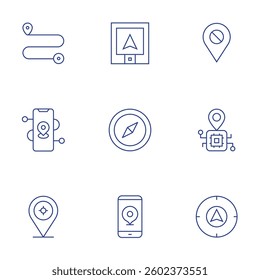 GPS icons set. Thin Line style, editable stroke. target, block, placeholder, route, compass, gps, phone.