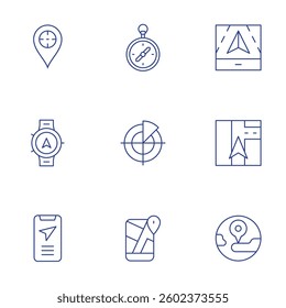 GPS icons set. Thin Line style, editable stroke. target, navigation, smartwatch, global, compass, radar