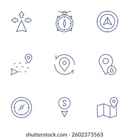 GPS icons set. Thin Line style, editable stroke. directions, route, compass, way, pin, placeholder, map, south.