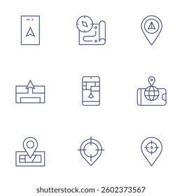 GPS icons set. Thin Line style, editable stroke. compass, navigator, pin, location, target, gps.